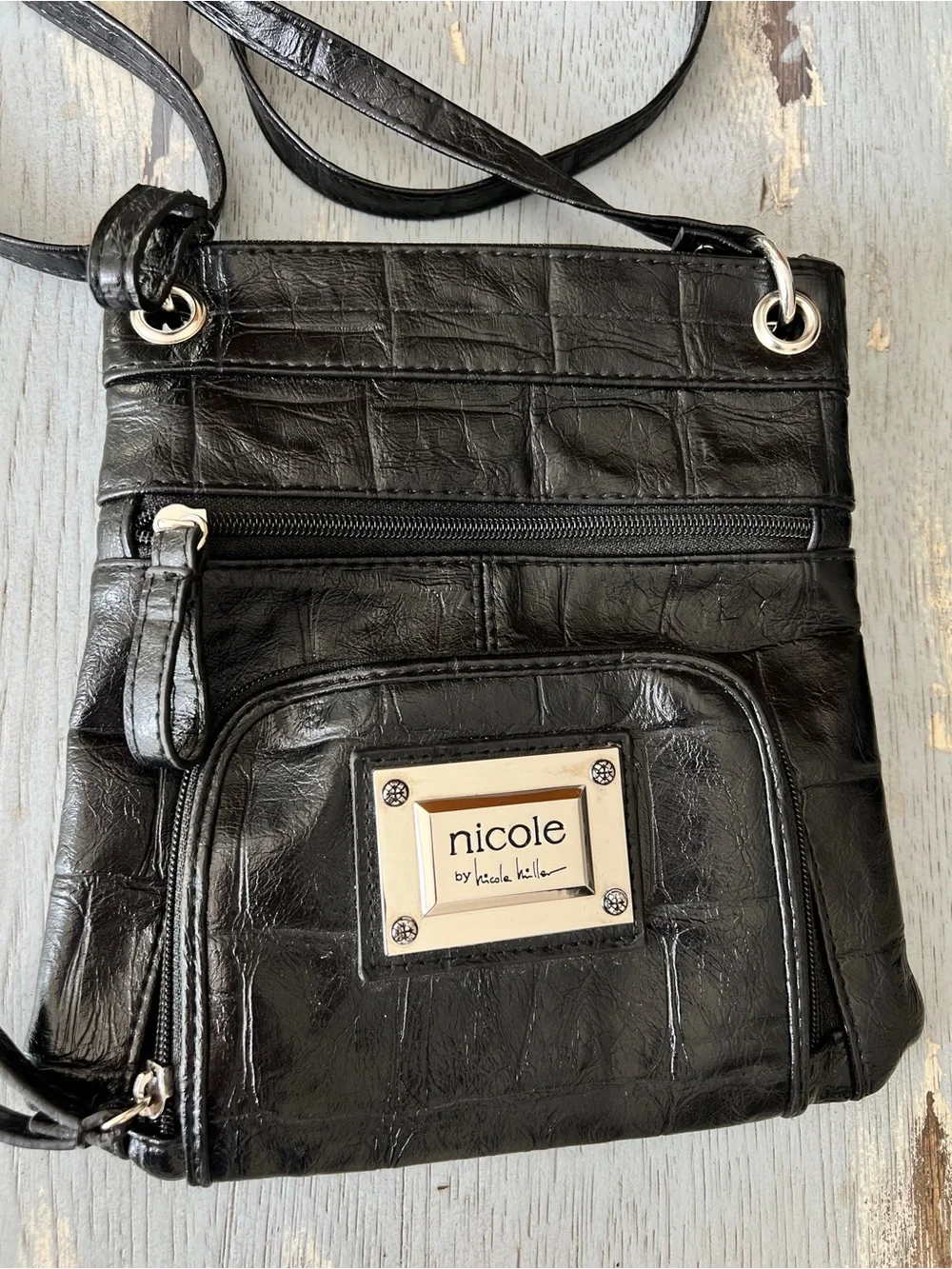 Nicole by Nicole Miller Black Faux-Croc Crossbody Bag - Picture 6 of 12
